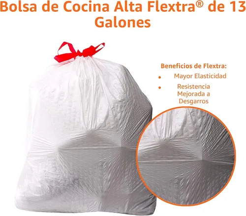 Vista 4 de Amazon Basics Flextra - Bolsas de basura altas con cordón para cocina, 13 galones, sin perfume, 50