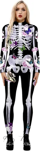 Vista 20 de Disfraz de esqueleto de calavera para Halloween para mujer, overol elástico y ajustado Skull Skeleton Costume Jumpsuits Stretch Skinny Catsuit
