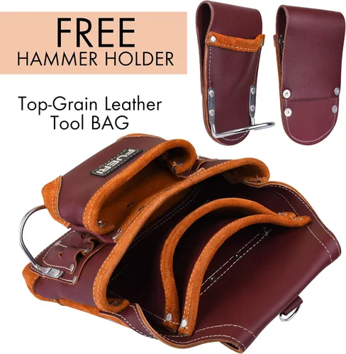 Vista 8 de Bolsa profesional de 10 bolsillos para herramientas de carpintero Cuero de grano premium resistente, soporte de marco ajustable de refuerzo