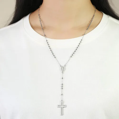 Vista 2 de Hisatan Rosario de cuentas católicas con dije de cruz, rosario, cruz de cuentas de rosario, cadena en Y para mujer, medalla milagrosa de María