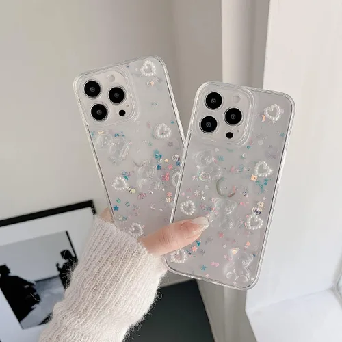 Vista 2 de Funda de teléfono para iPhone XR, bonito diseño transparente con purpurina de oso 3D para iPhone XR, para mujeres y niñas, a prueba de golpes