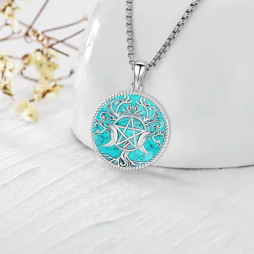 Vista 176 de Collar de pentagrama de plata de ley con triple luna, diosa celta, nudo celta, nudo de brujas, Ankh, sol y luna, Hécate, lilith, Santa Muerte