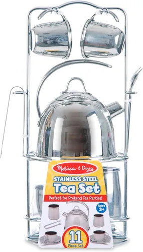 Vista 6 de Melissa & Doug Set de Té de Juguevo de Acero Inoxidable y Estantería de Almacenamiento para Niños (11 piezas)