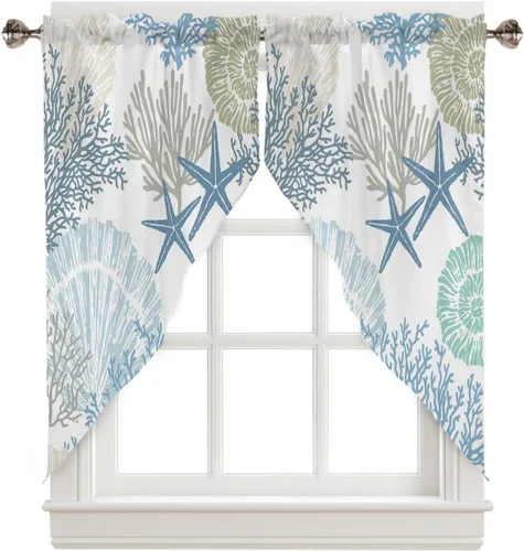 Vista 35 de Cenefa de amarre para ventanas, cortinas náuticas costeras de coral, cenefas con bolsillo para barra, cortinas de ventana con temática de playa
