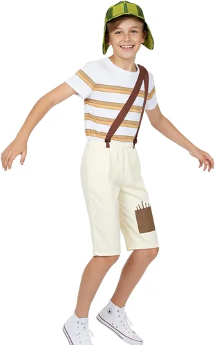 Vista 2 de Kids Costume Striped T-shirt Hat Straps Pants Outfit Halloween Cosplay Uniform Set