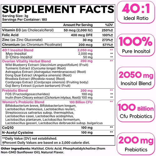 Vista 2 de Polvo liposomal de mio-inositol y D-Chiro Inositol Suministro para 180 días Suplemento de inositol de proporción ideal 40:1 para mujeres