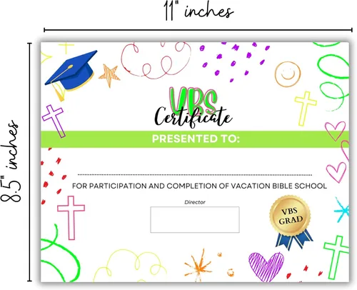 Vista 3 de VBS Certificados de finalización Paquete de 50 certificados de graduación de asistencia Premio religioso para niños, 11 x 8.5 pulgadas