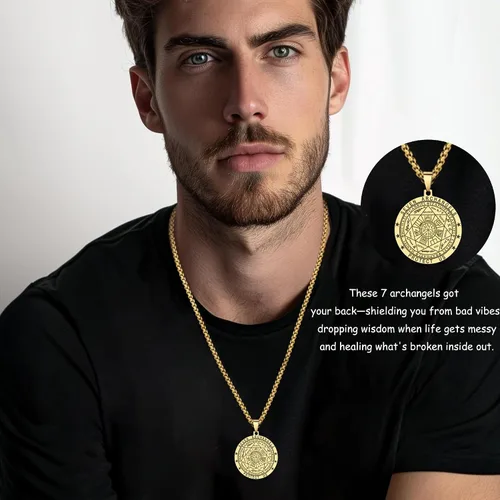 Vista 2 de FLYUN Seal of The 7 Arcángeles Collar con colgante para hombre, collar de protección de siete arcángeles para hombres, joyería de amuleto