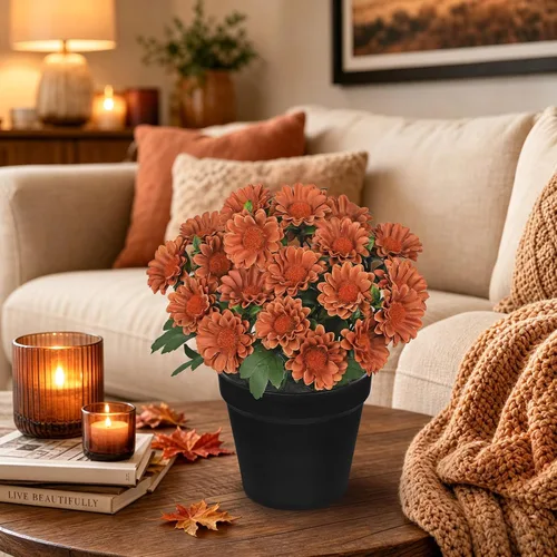 Vista 5 de Flores artificiales de crisantemo en maceta negra de 9 pulgadas, plantas artificiales de seda para decoración de interiores y exteriores, centro