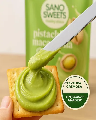 Vista 4 de Crema de pistacho para untar sin azúcar, saludable, cetogénico, vegano, sin gluten, sin aceite de palma, natural, sin lácteos, aperitivo bajo