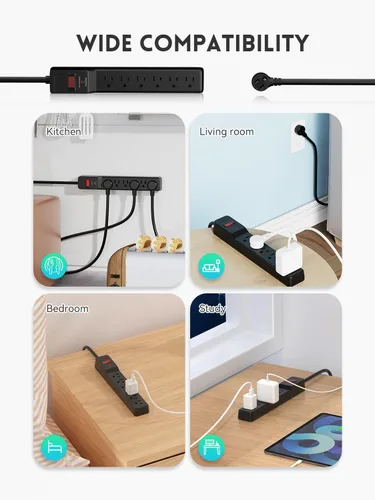 Vista 7 de PLUGUTL - Paquete de 2 protectores de sobretensiones (980 julios), regleta de alimentación de enchufe plano, cable de extensión de 4 pies con Negro