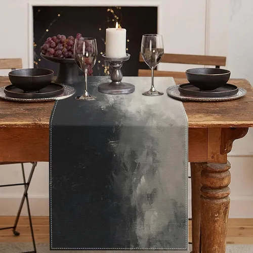 Vista 18 de Emvency - Camino de mesa de estilo granja, pintura de arte abstracto vintage en azul y gris para mesa de cocina, cenas familiares, fiestas, bodas
