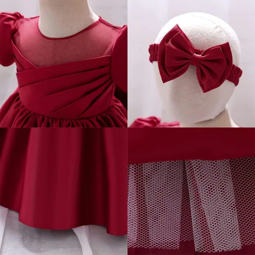 Vista 6 de IDOPIP Flower Girl Bowknot Tutu Dress for Kids Baby Wedding Communion Birthday Party Pageant Baptism Dresses with Headwear