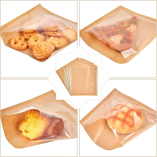 Vista 8 de ZORRITA Bolsas de panadería termosellables con ventana, paquete de 200, 7.1 x 7.5 pulgadas Papel Kraft, resistente a la grasa, bolsas de bagel