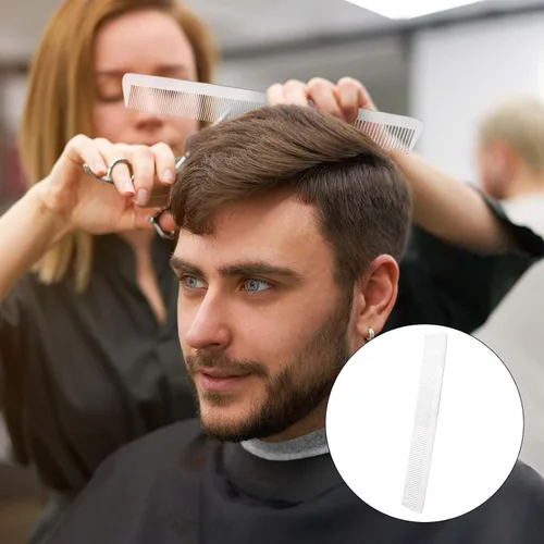 Vista 6 de Peine de metal de acero inoxidable con dientes finos para el cabello, antiestático, parte superior plana, peine de peluquero para peinar el cabello