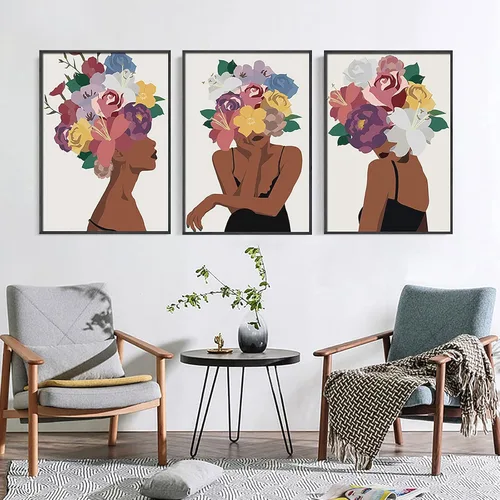 Vista 3 de Juego de 3 pinturas de pared afroamericanas con diseño de flores negras para mujer, diseño de cabeza negra, pintura en lienzo, cuadros sin marco
