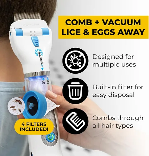 Vista 2 de Peine eléctrico recargable A1 para eliminar piojos sin químicos, paquete de filtros de recambio, solución natural para piojos para niños y adultos
