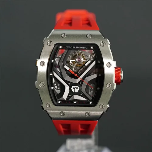 Vista 8 de TSAR BOMBA Reloj de pulsera cuadrado automático de lujo para hombre, 164.0ft, impermeable, esqueleto, mecánico, elegante, para hombres, simple