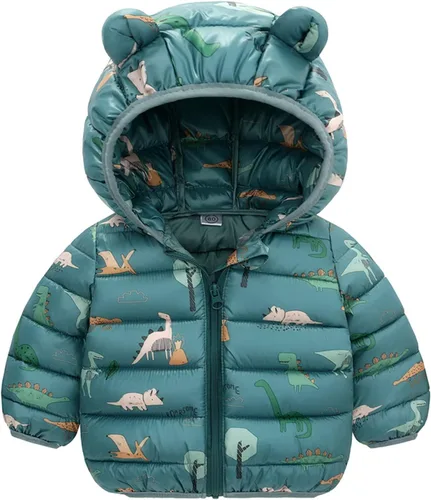 Vista 2 de TBUIALL Abrigo acolchado para niños, abrigo para niñas, resistente al viento, chaqueta con capucha cálida con estampado de dinosaurios, para niñas