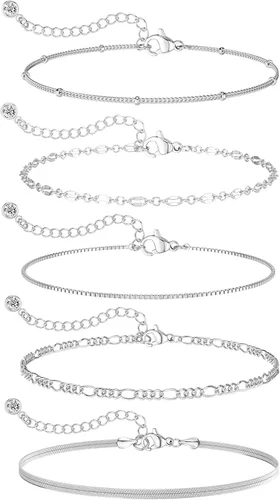 Vista 6 de MBW Pulseras de plata para mujer, delicadas pulseras de plata para mujer, juego de pulseras de plata de 14 quilates, impermeables, joyería