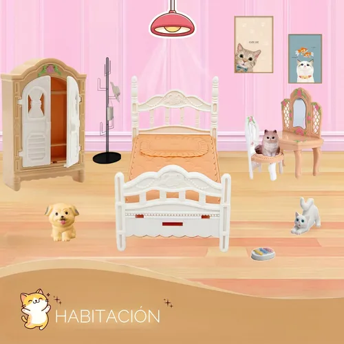 Vista 4 de Juego de muebles para casa de muñecas, colección completa de habitación con cocina, comedor, sala de estar, dormitorio y accesorios de baño