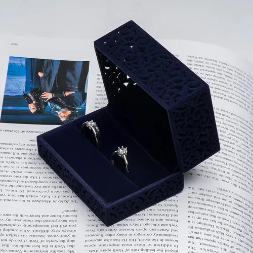 Vista 7 de Caja hueca de terciopelo para anillos, caja de joyería de terciopelo para parejas, caja de soporte de doble anillo, regalo de compromiso