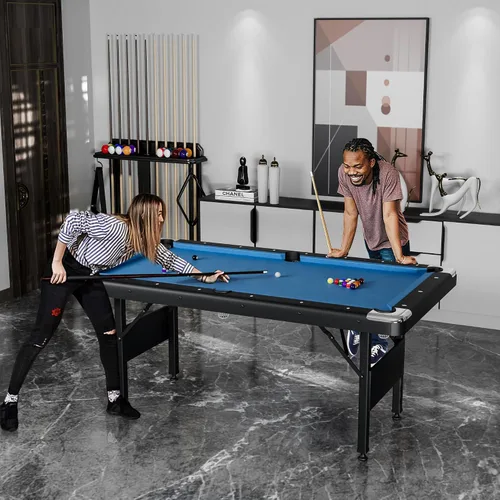 Vista 2 de Mesa de billar 3 en 1, mesa de billar plegable de 65.75 pulgadas con mesa de ping pong y parte superior de comedor, mesa de juego múltiple incluye