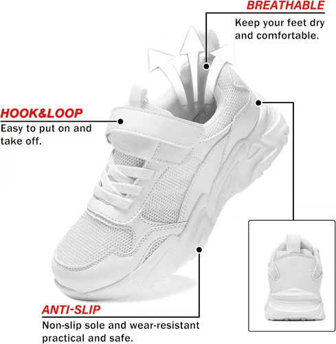 Vista 2 de Tenis unisex blancos transpirables para niños y niñas, tenis ligeros para correr, para niños pequeños, niños grandes, calzado de gimnasio