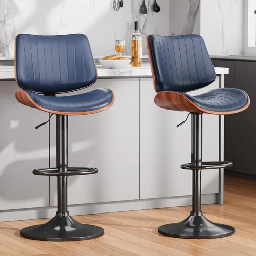 Vista 10 de Juego de 1 taburetes de bar giratorios de madera curvada ajustables para encimera de cocina, moderna silla de bar tapizada de piel sintética