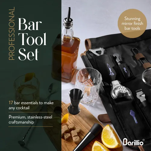 Vista 6 de Barillio Bolsa de Kit de Barman con Juego de Coctelera Negra – Lona Encerada, Bolsa de Herramientas de Bar de Viaje con Kit de Cóctel de 17 Piezas