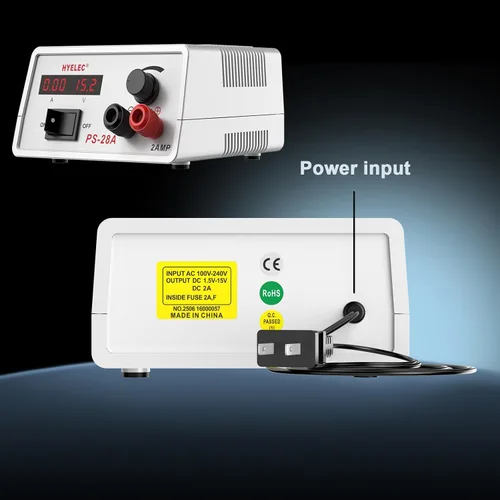 Vista 5 de Fuente de alimentación de CC ajustable, ajustable continuamente 1.5V-15V Max 2A, fuente de alimentación de banco variable regulada con pantalla LED