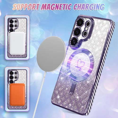Vista 789 de Bonoma - Funda compatible con Samsung Galaxy S21 Plus, diseño de corazón con purpurina, color rosa Support for MagSafe, Plating Magnetic Case TPU