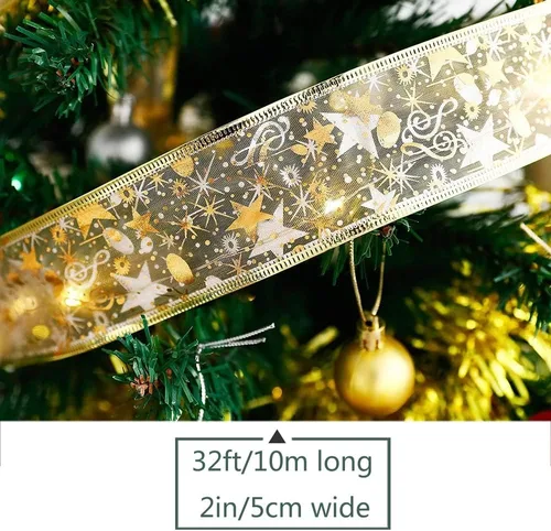 Vista 5 de Hongsome - Luces de cinta para decoración de árbol de Navidad, 32 pies con 100 luces LED, cinta dorada con borde de alambre, luces de hadas