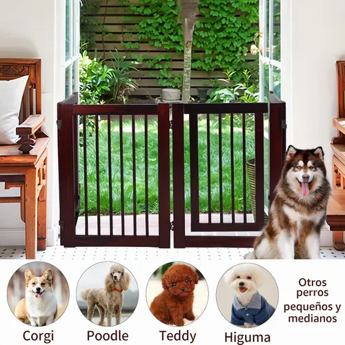 Vista 7 de Puerta de madera independiente para mascotas, puerta para mascotas para perros, valla de madera de 4 paneles de 29.5 pulgadas con 2 soportes, puerta
