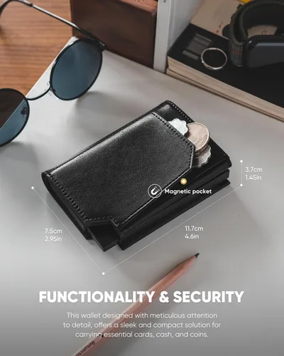Vista 6 de VULKIT Billetera desplegable de metal para hombre, con bloqueo RFID inteligente, tarjetero de crédito, cierre magnético, billeteras triples de cuero