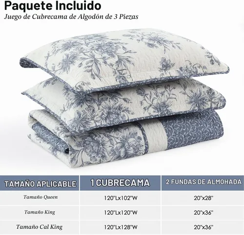 Vista 6 de Colcha Queen de Tamaño Extragrande 102x120 pulgadas - Juego de Edredón Queen de Tamaño Extragrande Reversible con Diseño Floral Botánico de Granja