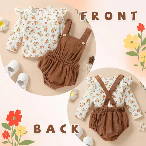 Vista 2 de Tiny Cutey Ropa de bebé recién nacida, mameluco de manga acampanada y overoles de pana, pantalones cortos, trajes de otoño para niña