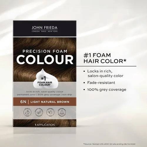 Vista 7 de John Frieda Color de espuma de precisión, marrón natural claro 6N, kit de color de cabello de cobertura completa, cobertura de canas 6N Marrón