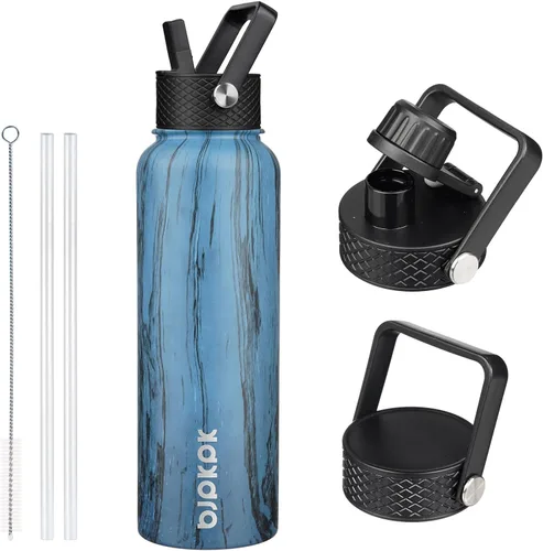 Vista 9 de BJPKPK Botellas de Agua Aisladas con Tapa de Pajita, Botella de Agua de Acero Inoxidable de 18oz, Termo Frío Caliente con 3 Tapas, Vaso de Viaje a