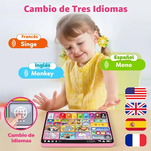 Vista 4 de Tableta de juguete educativo trilingüe con música y sonido, juguetes Montessori de terapia del habla para niña y niño de 1 año, juguete musical