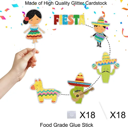 Vista 3 de Juego de 18 adornos para cupcakes de fiesta mexicana, perfecto para fiestas temáticas de cumpleaños, baby shower para niños o niñas