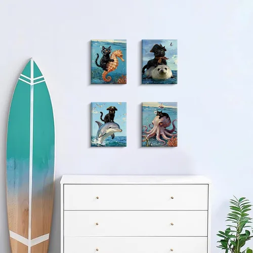 Vista 5 de Arte de pared enmarcado para baño, gato negro, aventura oceánica, póster de lienzo de 4 piezas de gato pirata náutico con caballito de mar, manatí