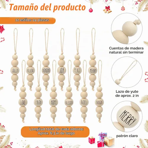 Vista 2 de 24 Piezas Adornos Navideños de Cuentas de Madera Estilo Granja para Árbol con Palabras de Bendición Decoraciones Rústicas Colgantes de Navidad