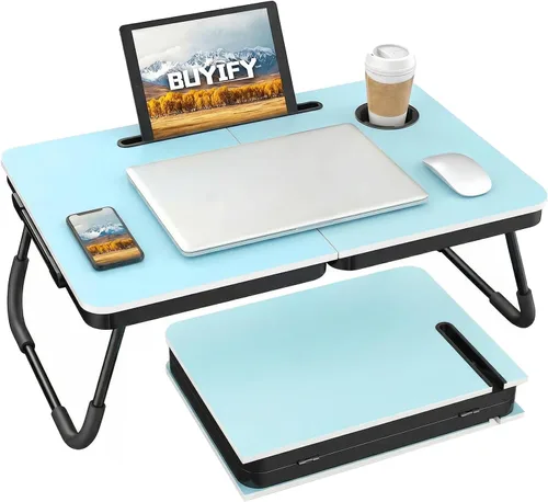 Vista 10 de BUYIFY Mesa de cama plegable de 23.4 pulgadas con bandeja portavasos
