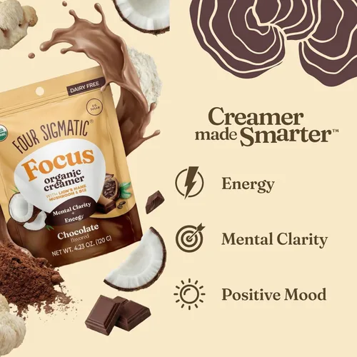 Vista 6 de Four Sigmatic Focus Chocolate Coffee Creamer Crema de café sin lácteos orgánica con Lion’s Mane y Vitamina B12 Chocolate, 4.23 oz