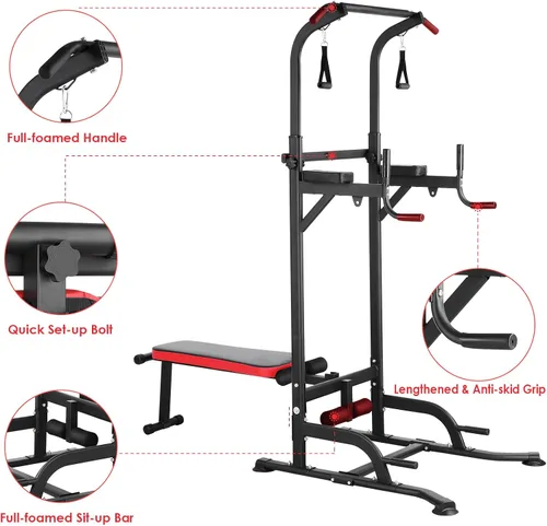 Vista 4 de Arlopu Torre de Potencia con Banco, Soporte de Barra de Dominadas, Barra de Fondos con Banco Plegable, 4 Cuerdas Entrenamiento de Fuerza, Equipo