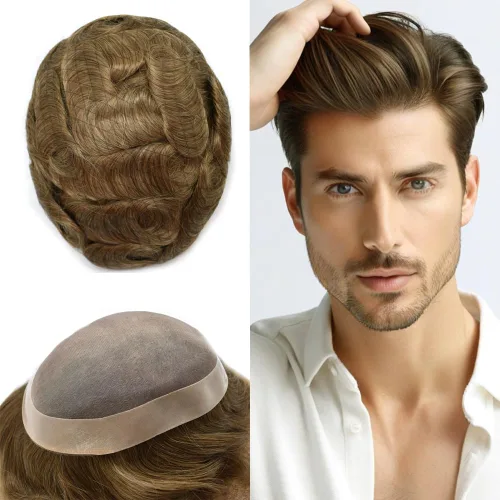Vista 31 de Toupee de cabello humano fino mono revestido de poliéster para hombre, postizo de monofilamento duradero NPU monofilamento tupé para hombres