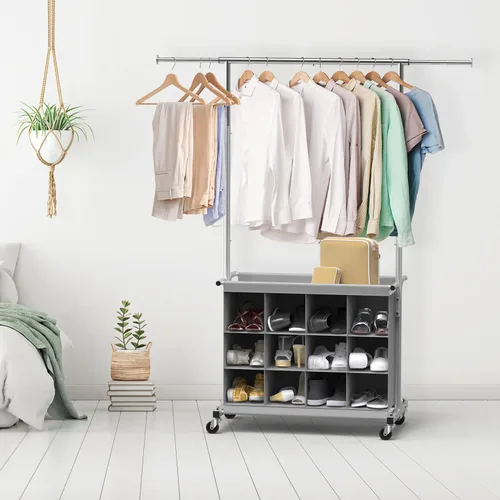 Vista 2 de Simple Houseware Perchero con barra extensible y organizador de 16 zapatos, gris
