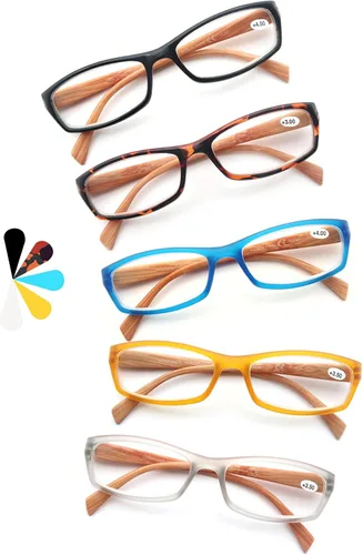 Vista 9 de MODFANS Paquete de 4 gafas de lectura 2.0, con bisagras de resorte de aspecto de madera, elegantes, para hombres y mujeres Paquete de 4