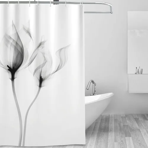 Vista 2 de YLATY2596 - Cortina de ducha de flores abstractas para baño, juego de cortina de ducha bohemia floral en blanco y negro, tela transparente, moderna